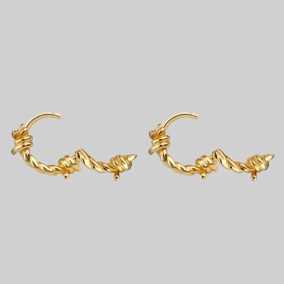 SURVIVAL. Symbolic Barbed Wire Clicker Hoop Earrings - Gold