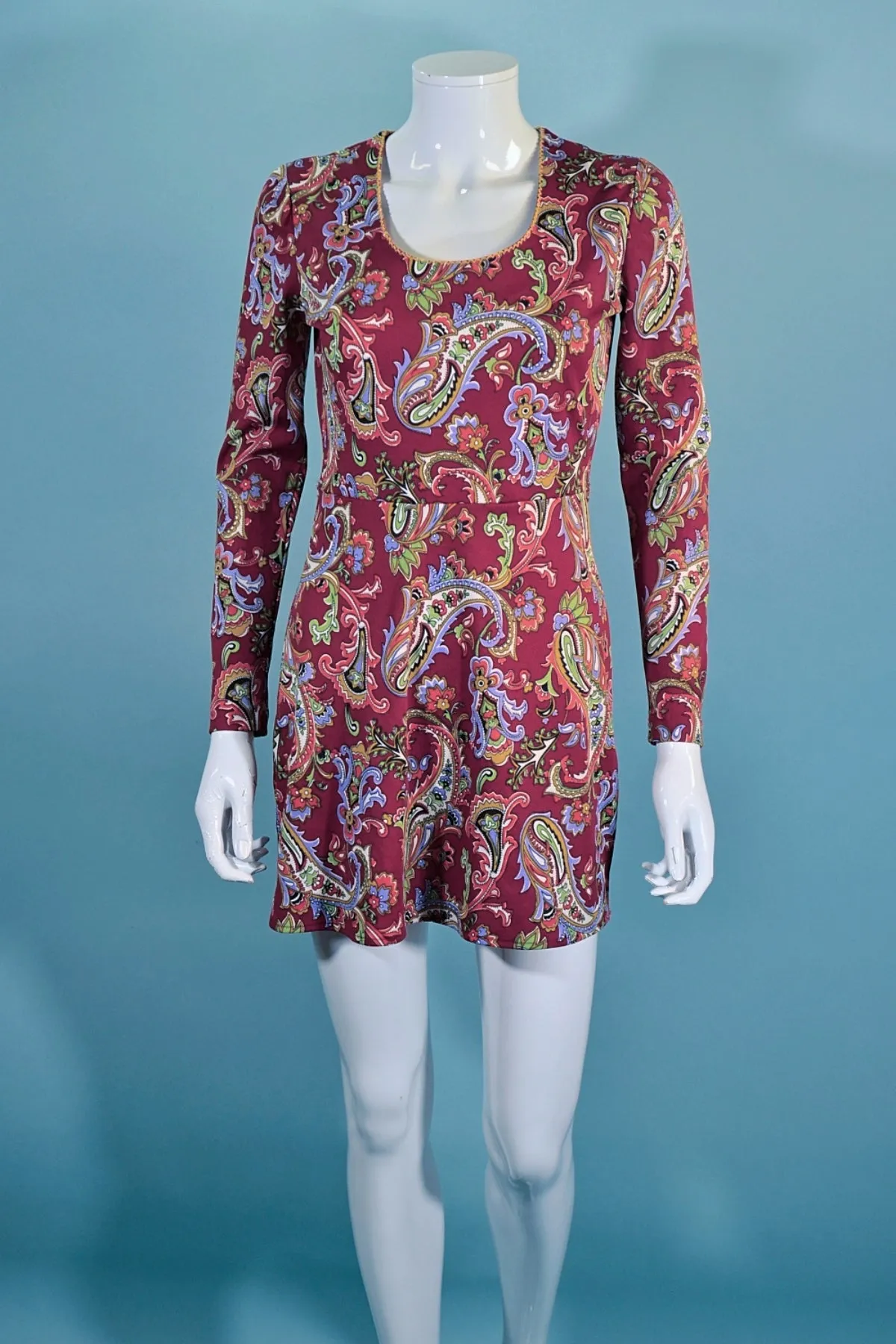 Vintage 60s Burgundy Paisley Mini Dress S