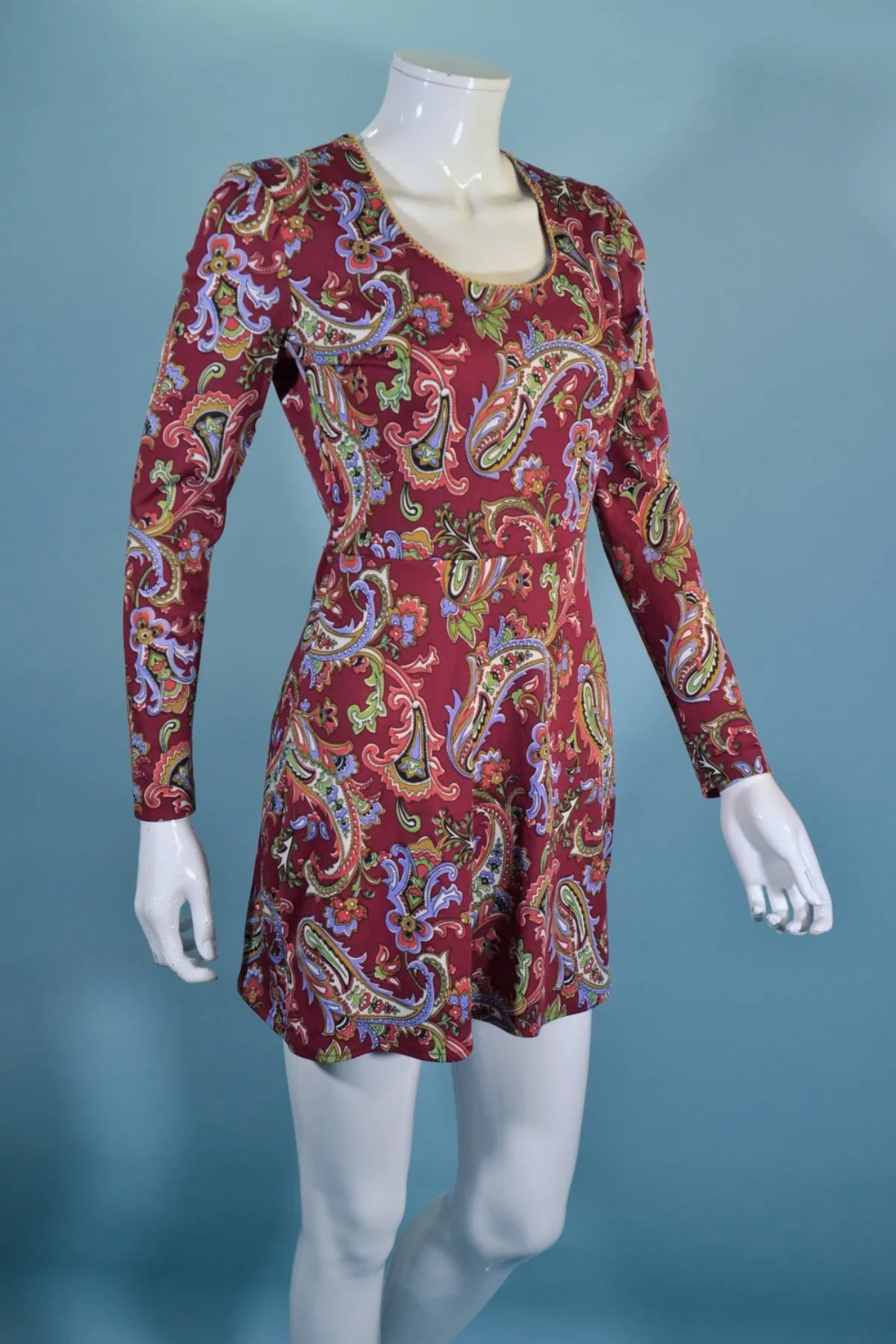 Vintage 60s Burgundy Paisley Mini Dress S