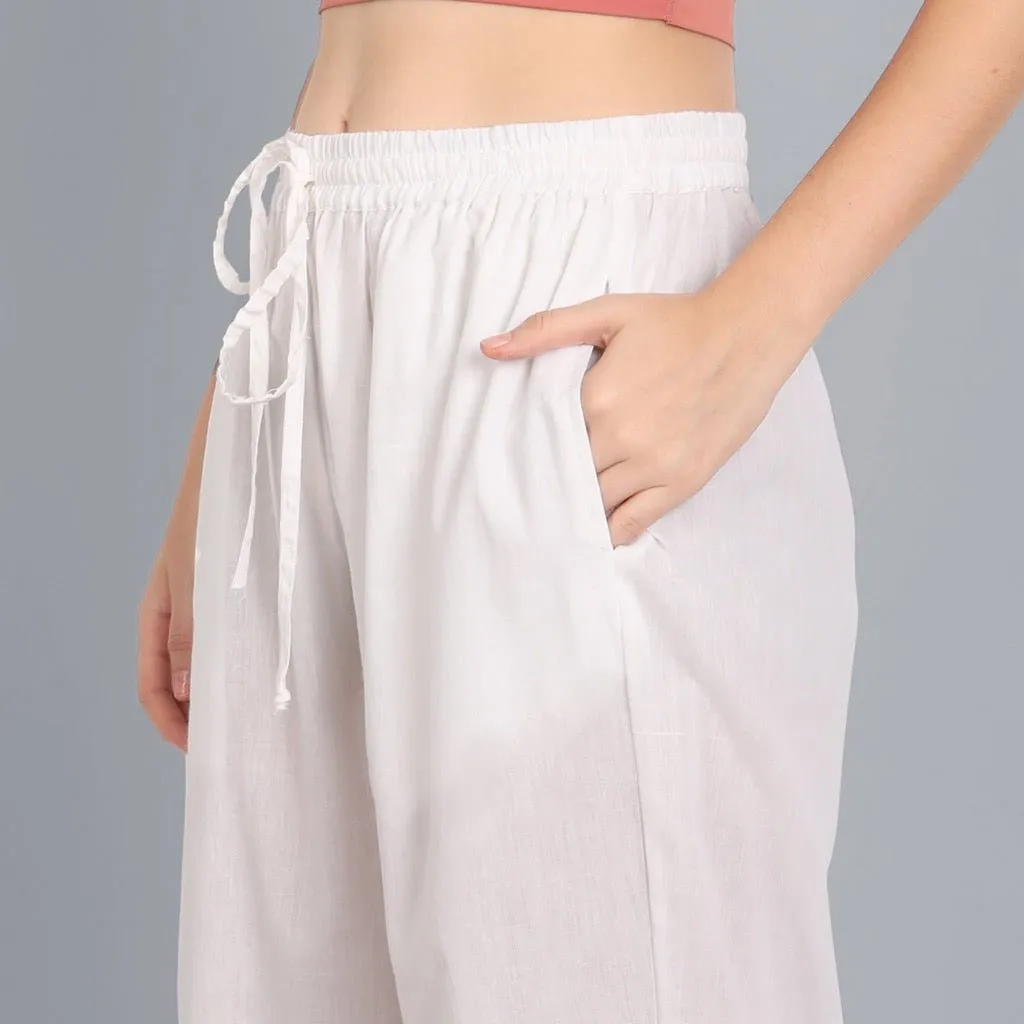 White Basic Straight Palazzo Pant with Pockets