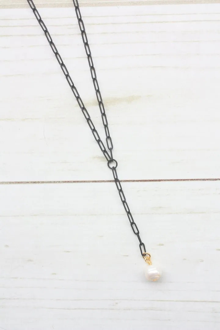 Y-DROP PAPERCLIP NECKLACE | MINI PEARL CHARM