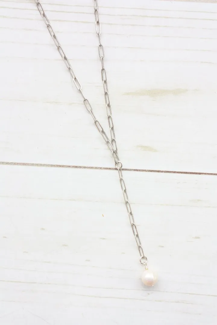 Y-DROP PAPERCLIP NECKLACE | MINI PEARL CHARM