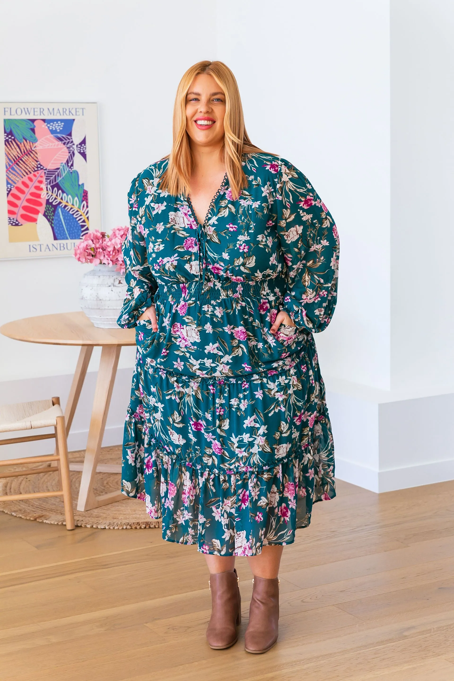 Yasmin Teal Floral Midi Dress