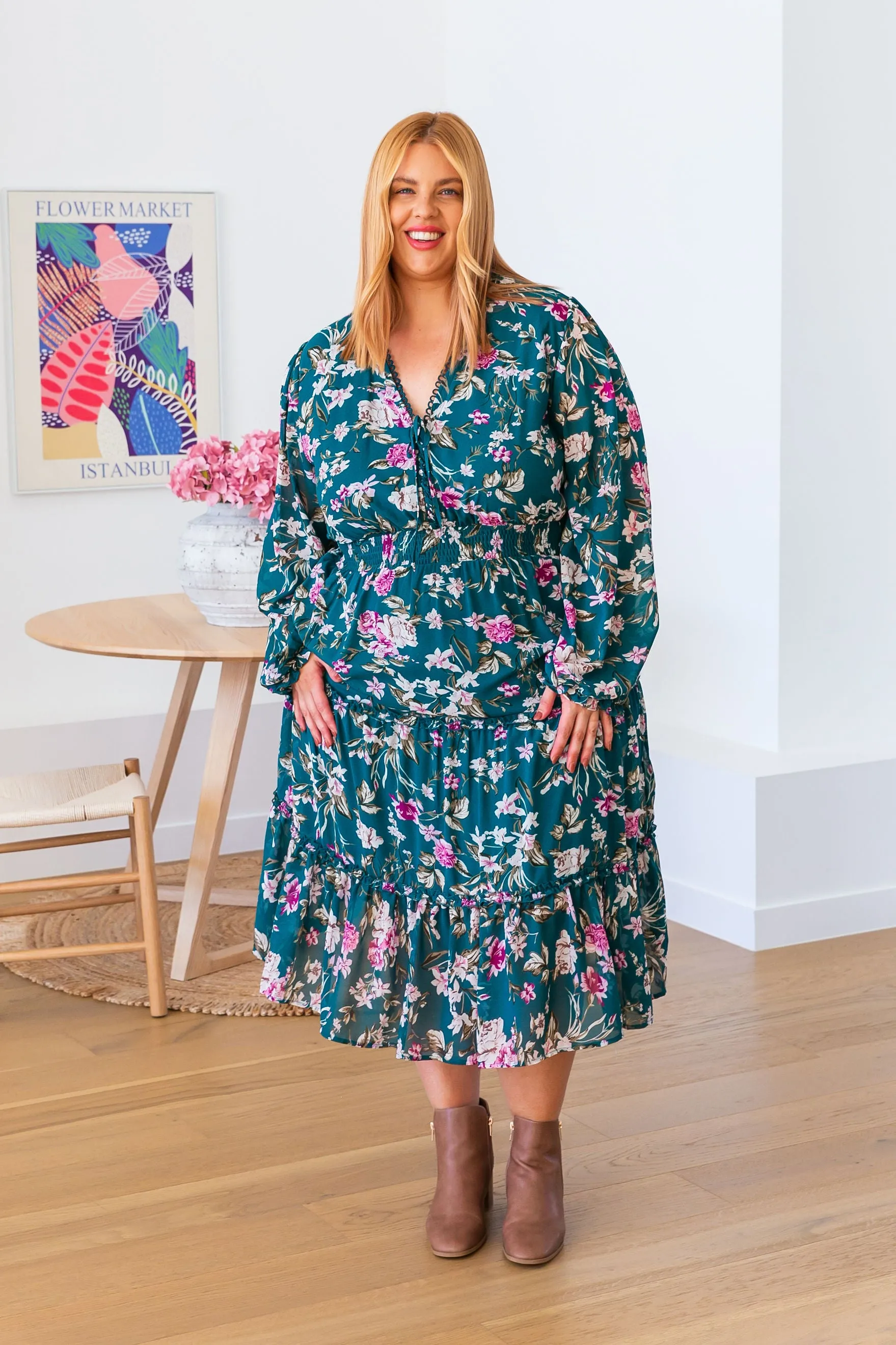 Yasmin Teal Floral Midi Dress