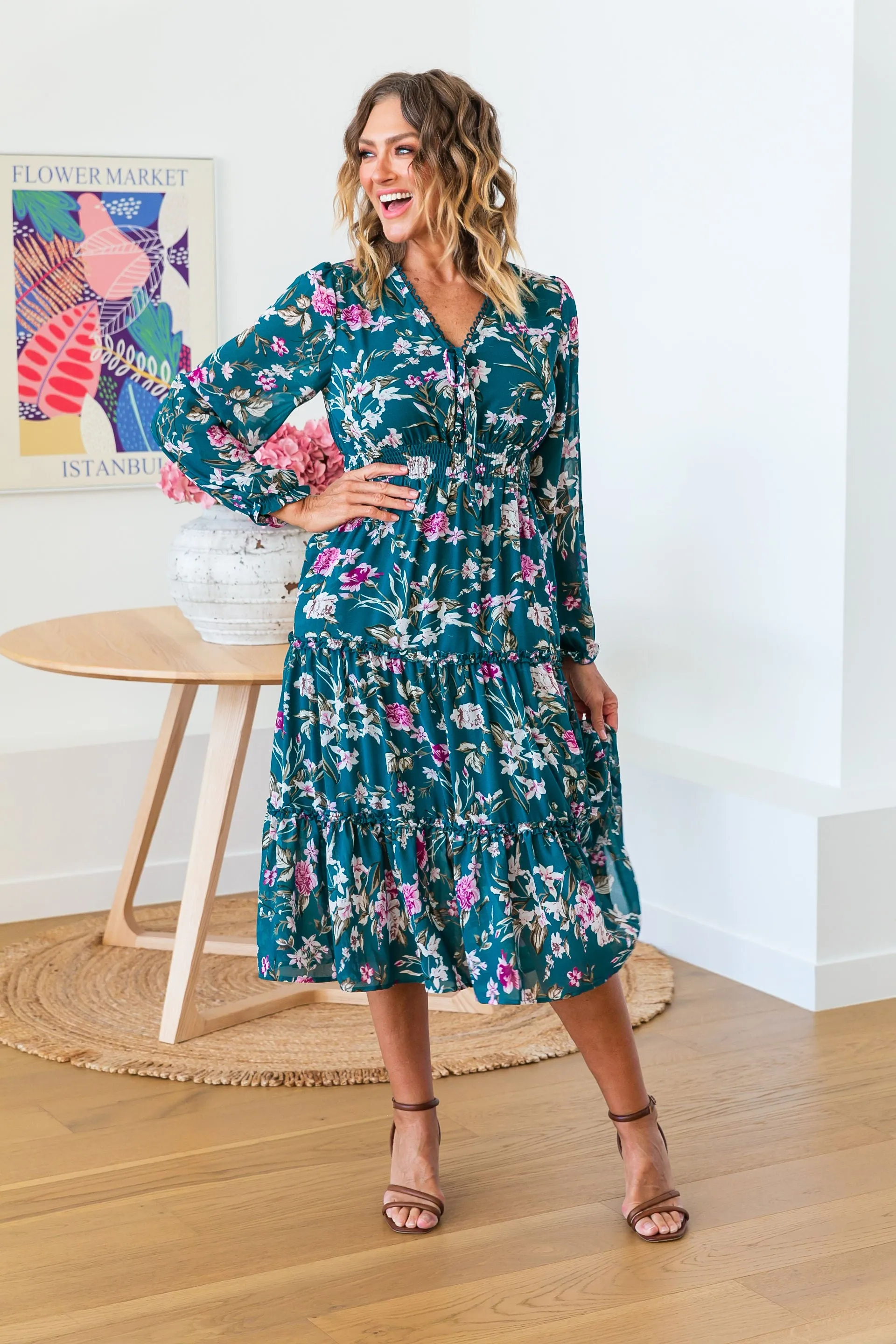 Yasmin Teal Floral Midi Dress