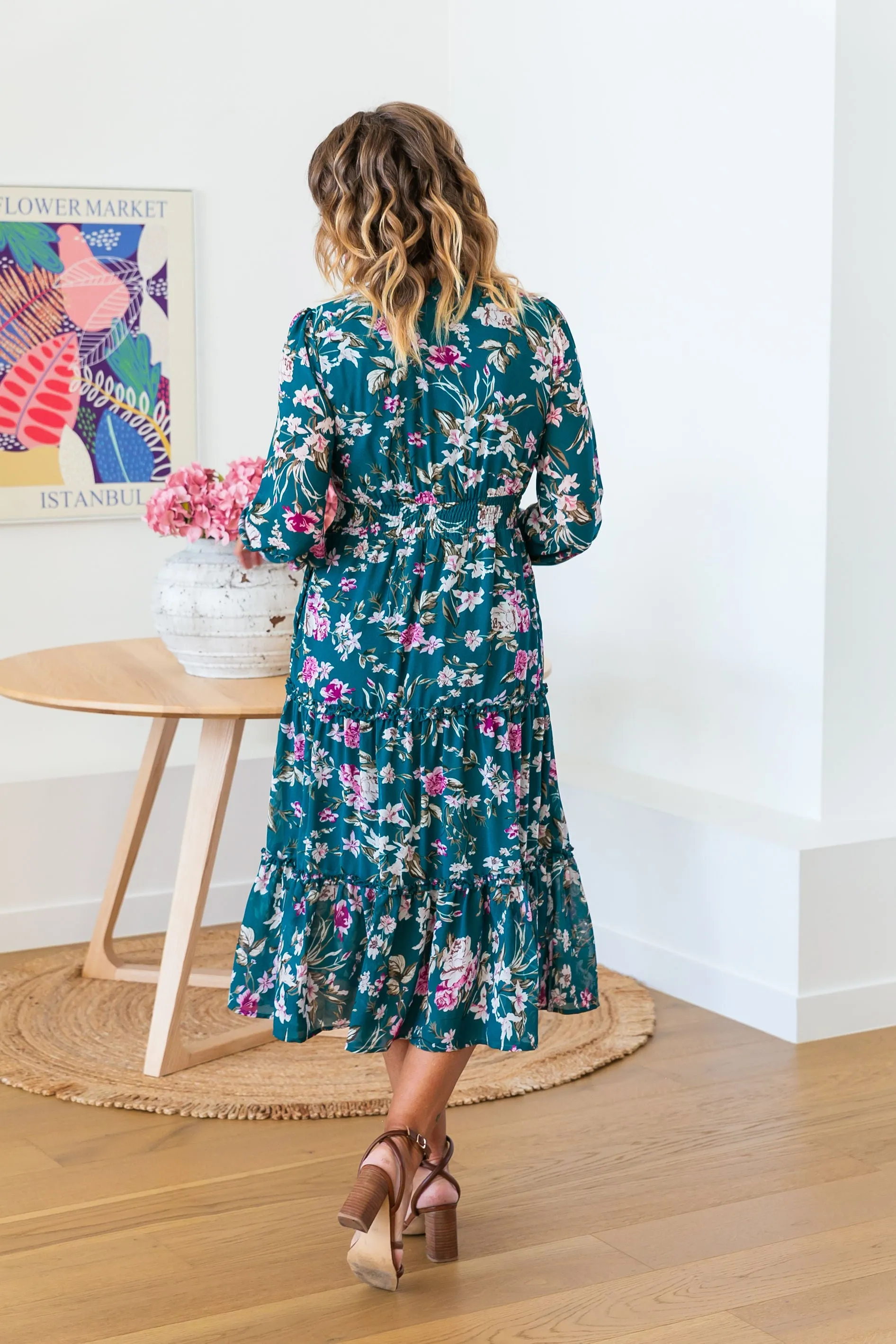 Yasmin Teal Floral Midi Dress