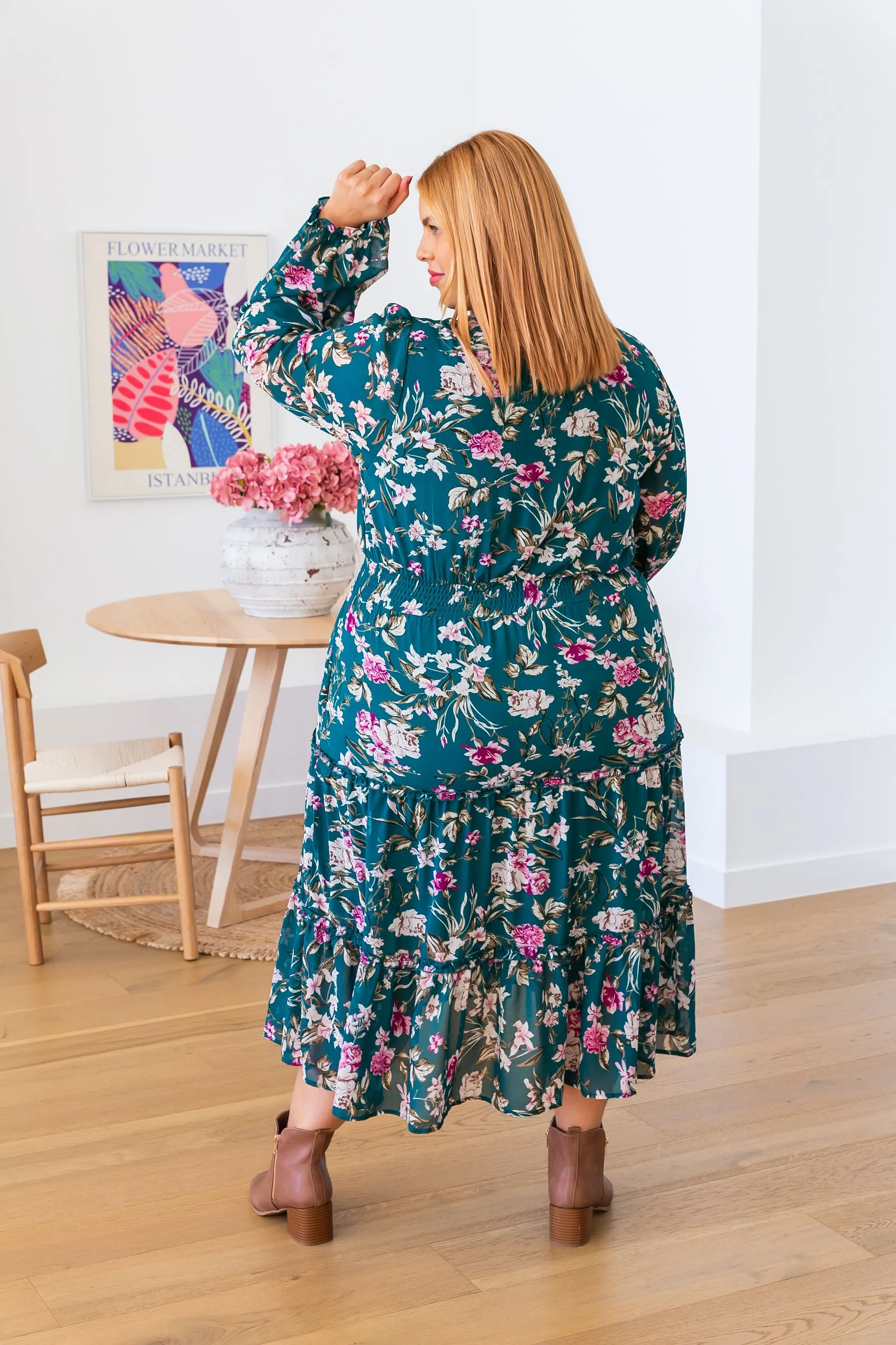 Yasmin Teal Floral Midi Dress